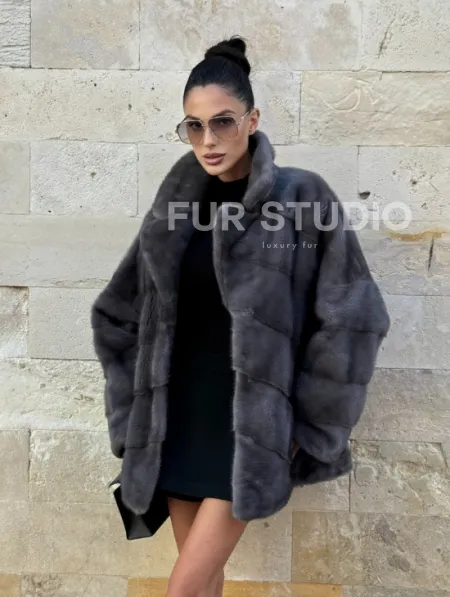Короткая норковая шуба с английским воротником - цвет графит - фото 0