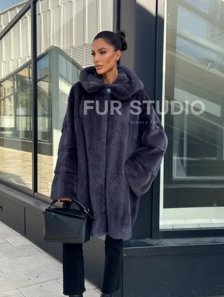 Норковая шуба с капюшоном,  роспуск - темный графит - фото 8
