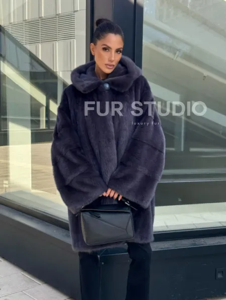 Норковая шуба с капюшоном,  роспуск - темный графит - фото 0
