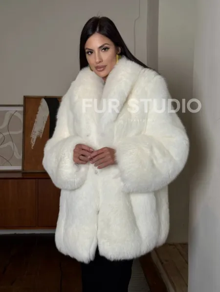 Белая шуба из меха лисы - воротник шаль - фото 5