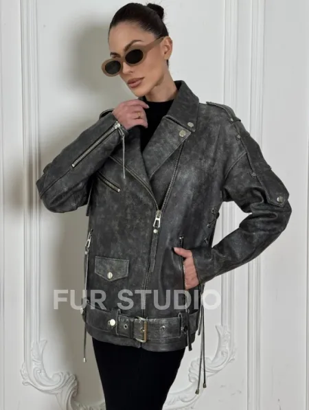 Косуха женская из натуральной кожи Vintage со шнуровкой - цвет серый - фото 4