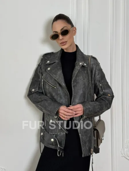 Косуха женская из натуральной кожи Vintage со шнуровкой - цвет серый - фото 10