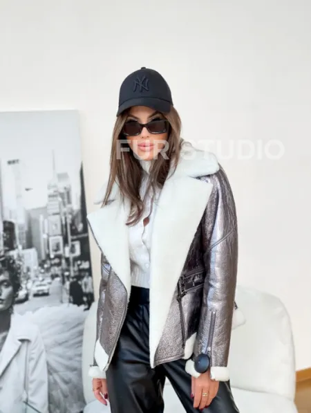 Дубленка овчина короткая - серебро - фото 2