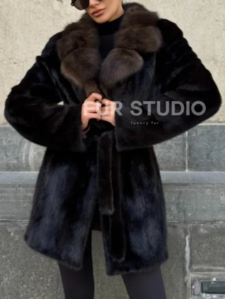 Норковая шуба махагон с куницей - фото 1
