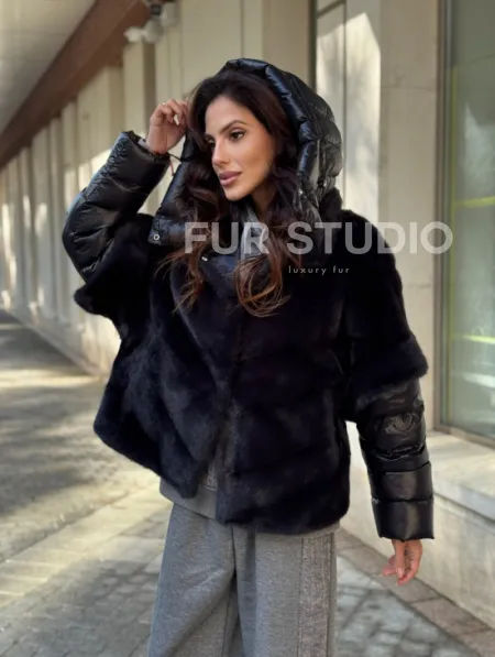 Женская меховая норковая куртка -темный графит - фото 0