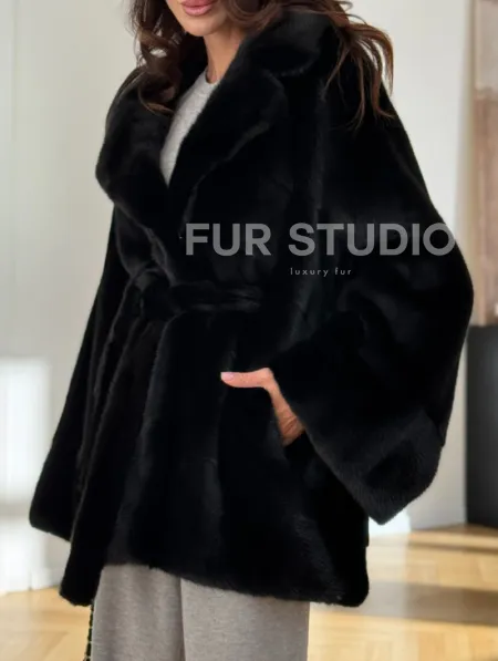 Шуба кимоно из норки - черная - фото 2