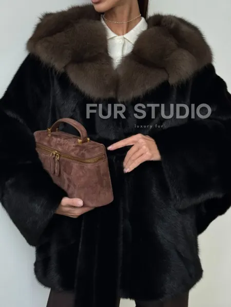 Норковый полушубок с капюшоном - летучая мышь - фото 2