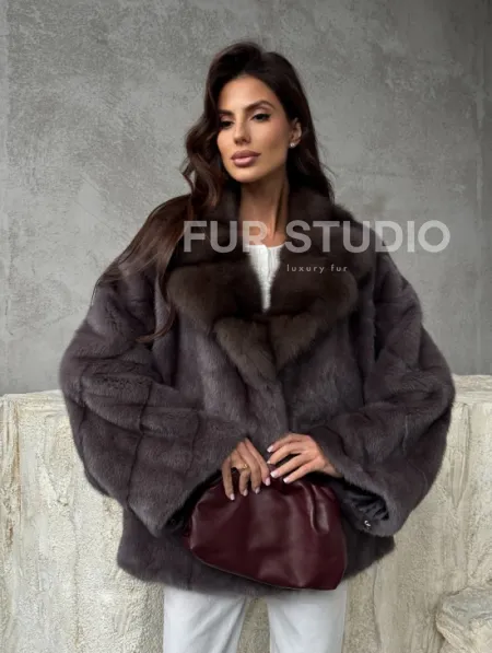 Норковый полушубок с воротником куница - фото 9