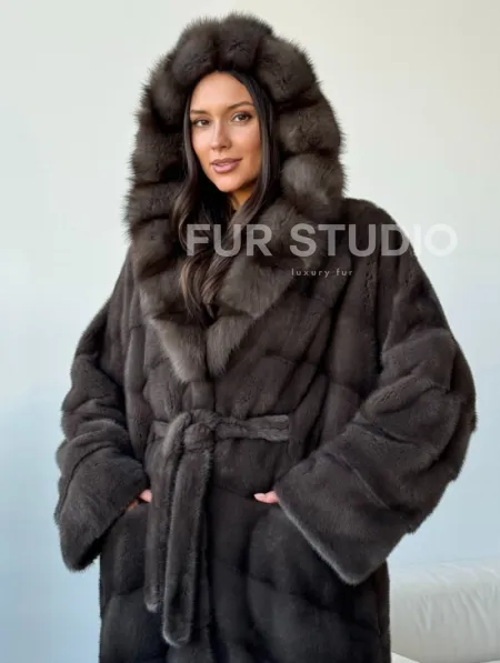Длинная норковая шуба с капюшоном - графит - фото 3