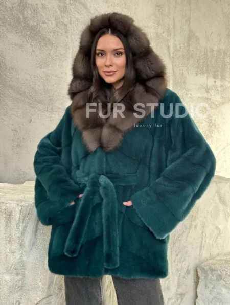 Шуба норка кимоно - капюшон куница - фото 6