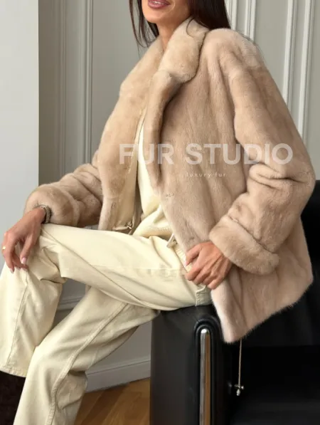 Норковый полушубок в натуральном цвете пастель - фото 5