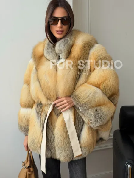 Шуба - пончо из лисы с поясом - фото 5