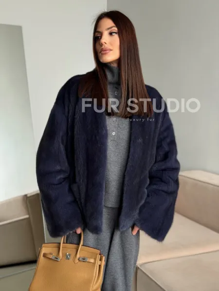 Короткий норковый жакет - синий графит - фото 9