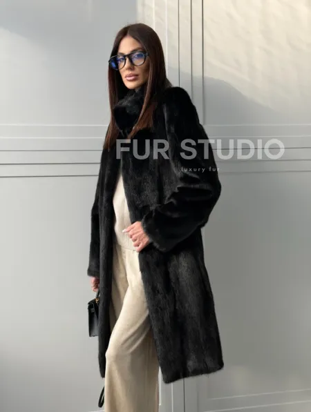 Черная норковая шуба - воротник стойка - фото 16