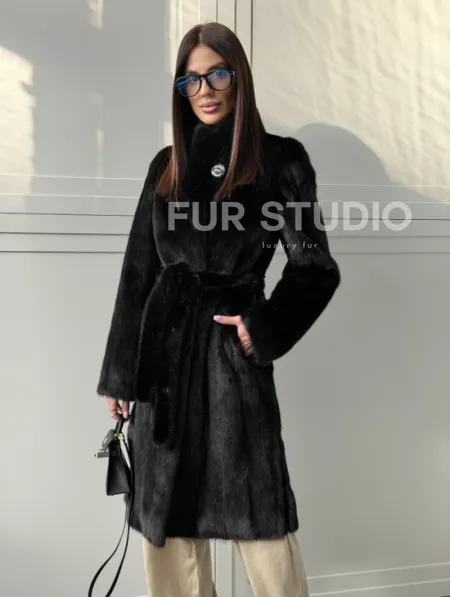 Черная норковая шуба - воротник стойка - фото 6