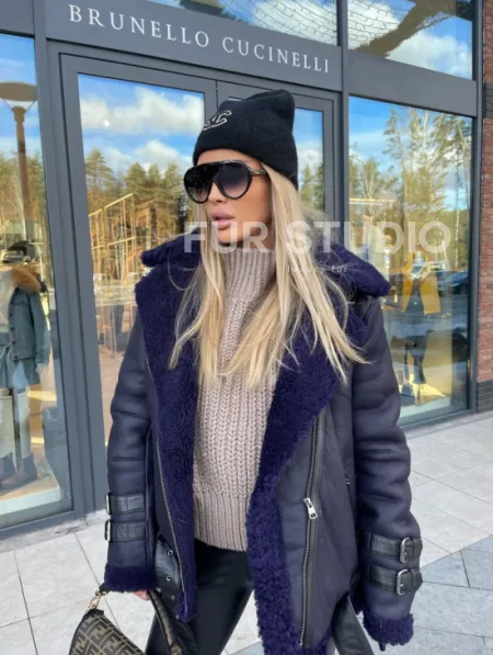 Авиатор из натуральной овчины в синем цвете - фото 3