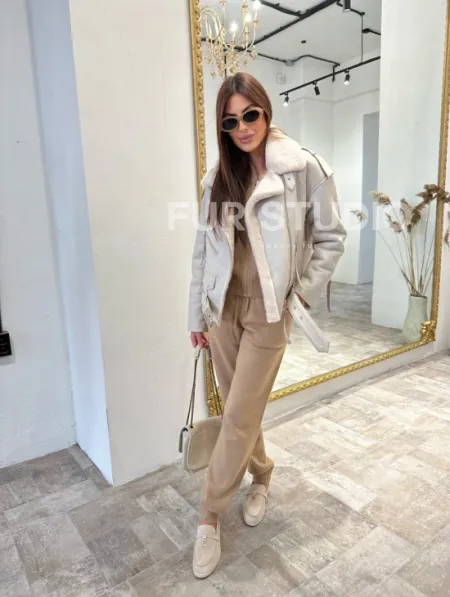 Дубленка-авиатор из натуральной овчины со шнуровкой - фото 3