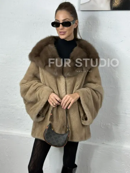 Норка автоледи с капюшоном куница - цвет пастель - фото 0