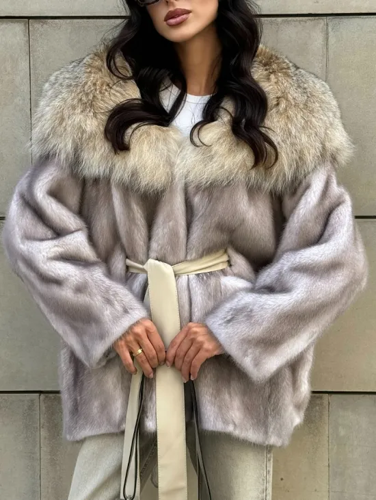Полупальто из меха норки с капюшоном, отделка из меха рыси - цвет колотый лед - фото 6