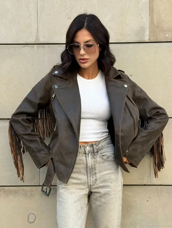 Куртка из натуральной кожи с бахромой «Vintage» - коричневая - фото 8