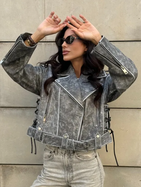 Косуха из натуральной кожи Vintage со шнуровкой - цвет серый - фото 13