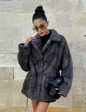 Короткая норковая шуба с английским воротником - цвет графит - фото 10