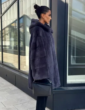 Норковая шуба с капюшоном,  роспуск - темный графит - фото 4