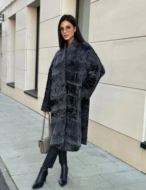 Меховое пальто из каракуля Graphite V-образный воротник - фото 0