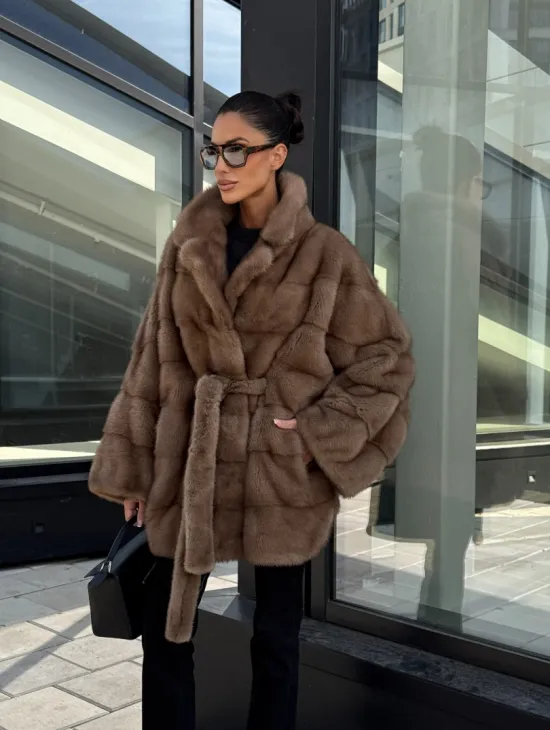 Шуба норковая летучая мышь английский воротник, оверсайз - цвет темный пастель - фото 9