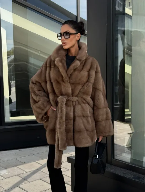 Шуба норковая летучая мышь английский воротник, оверсайз - цвет темный пастель - фото 5