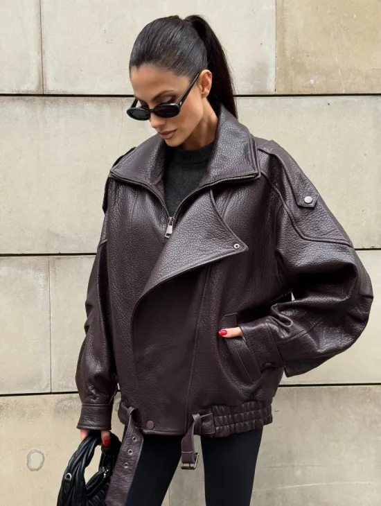 Стильная женская куртка из натуральной зернистой кожи COLLECTION DARK BURGUNDY - фото 4