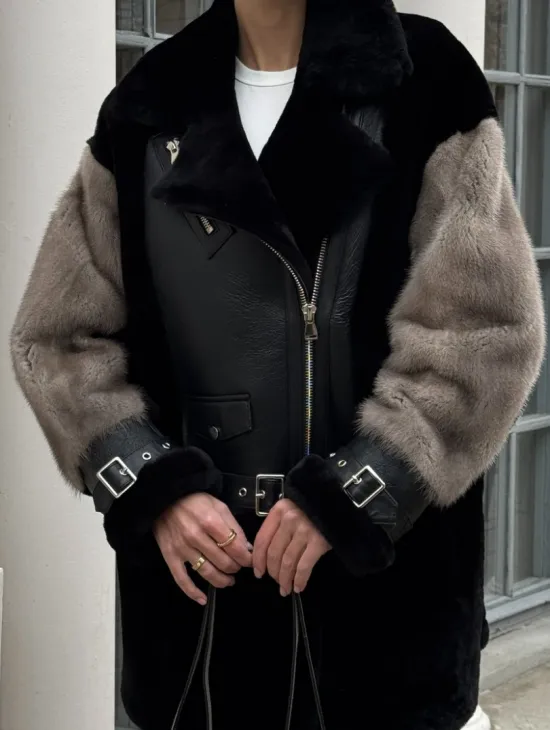 Удлиненная дубленка из натурального мериноса с отделкой из меха норки - фото 2