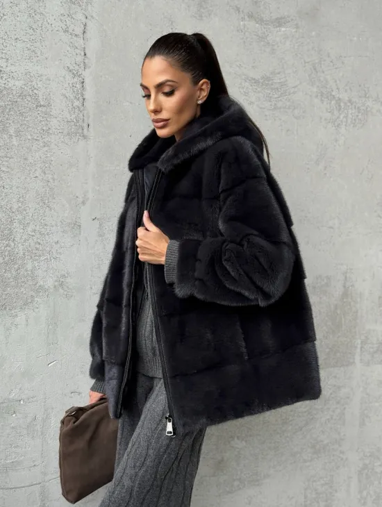 Норковый полушубок - куртка из меха норки с капюшоном графит - фото 6