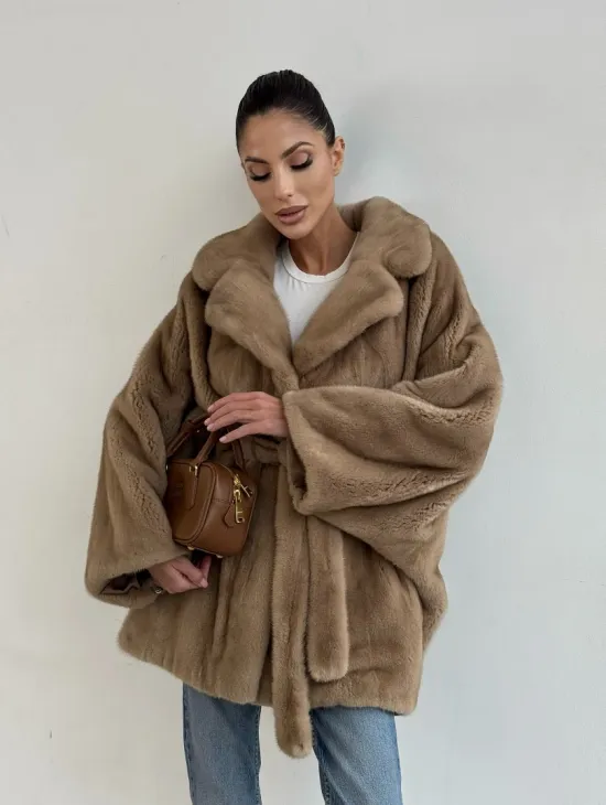 Шуба норковая SAGA FURS летучая мышь в натуральном цвете пастель - фото 9