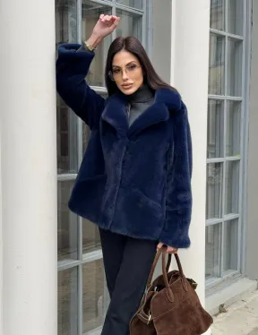 Синий норковый полушубок с английским воротником - фото 11