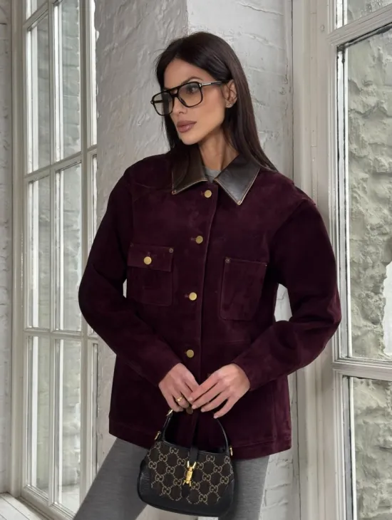 Куртка в «рабочем стиле» из замши Burgundy с отложным воротником, весна-лето 2025 - фото 5