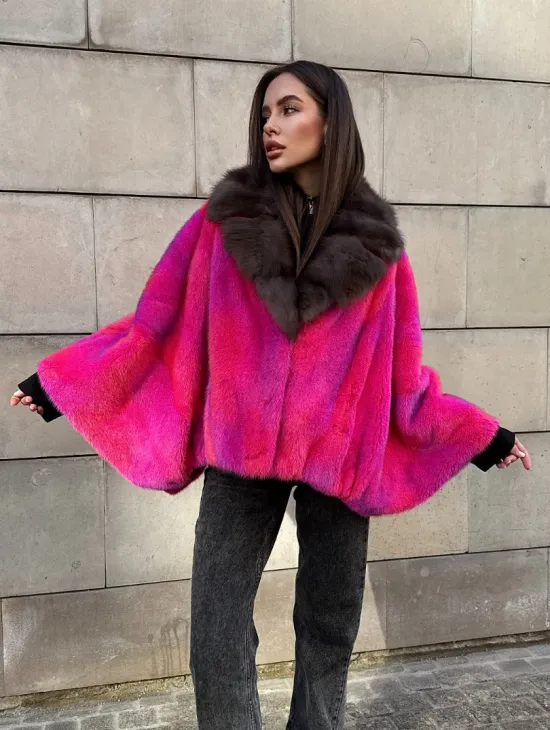 Полушубок - летучка из меха норки в цвете фуксия 