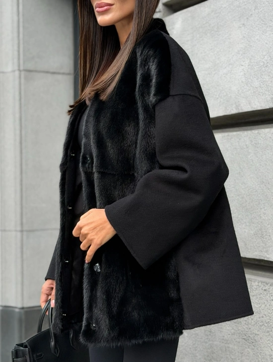 Полупальто демисезонное шерстяное с отделкой из меха норки - фото 2