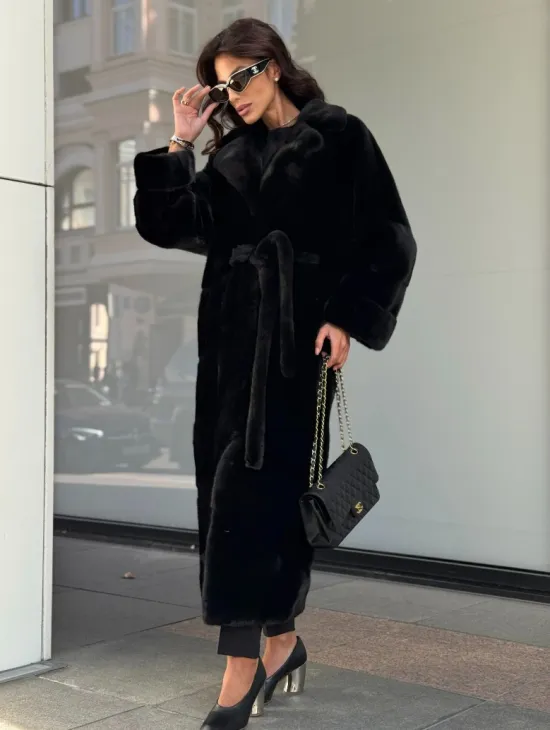 Удлиненная черная шуба с поясом из скандинавской норки - фото 3
