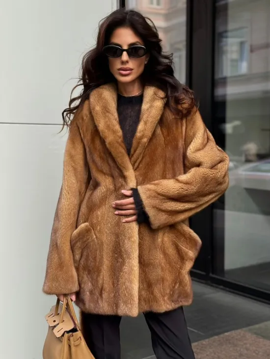 Норка жакет шалевый воротник - цвет Gold - фото 5