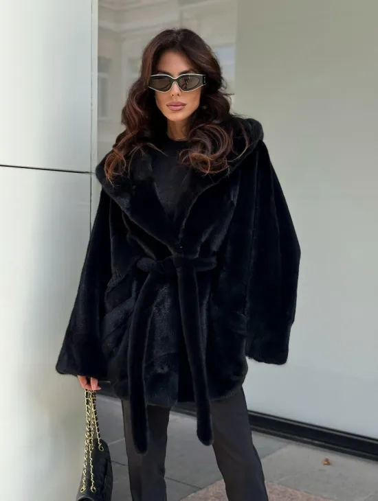 Пончо из норки с капюшоном кобра - черно-синий - фото 5