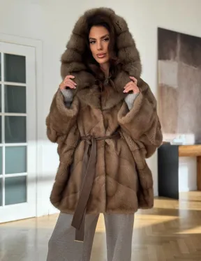 Шуба норковая бежевая с капюшоном - фото 4