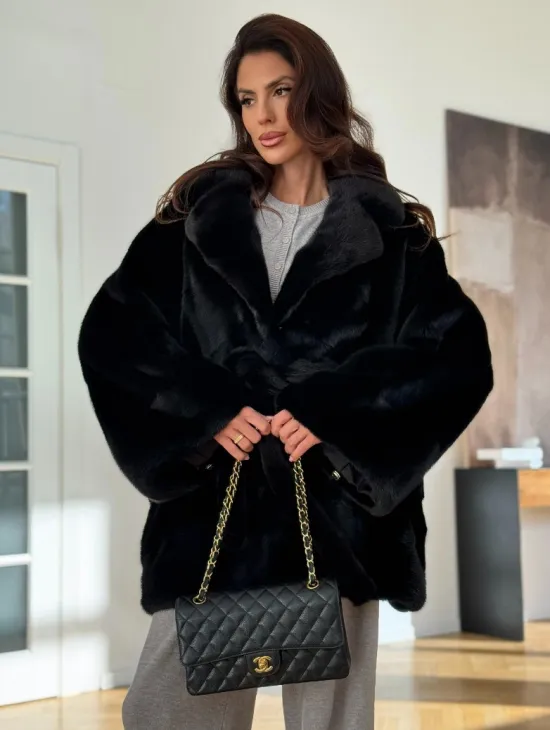 Шуба кимоно из норки - черная - фото 5