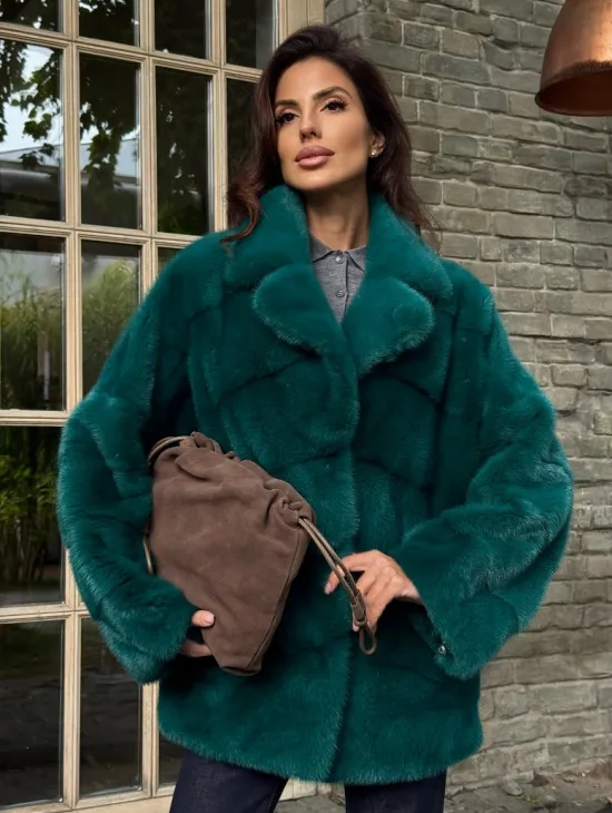 Полушубок норковый - цвет изумруд - фото 5