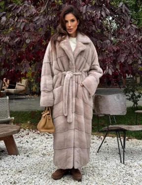 Длинная норковая шуба с поясом - фото 0