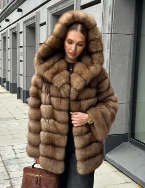 Шуба из натурального меха куницы с капюшоном - фото 12