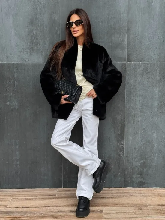 Черный норковый полушубок V-образный воротник - фото 3