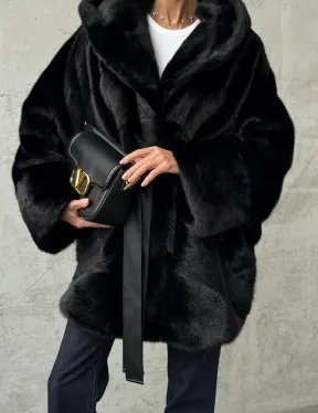 Полушубок черный норковый с капюшоном - фото 2