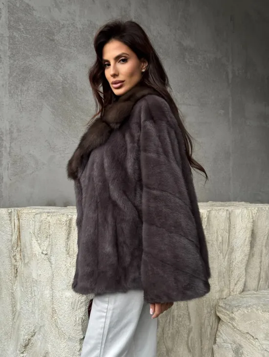 Норковый полушубок с воротником куница - фото 6