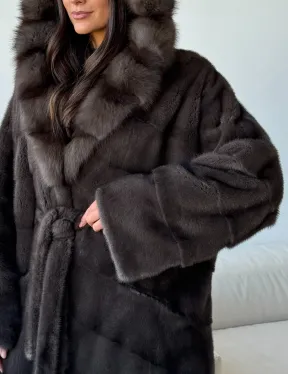 Длинная норковая шуба с капюшоном - графит - фото 2
